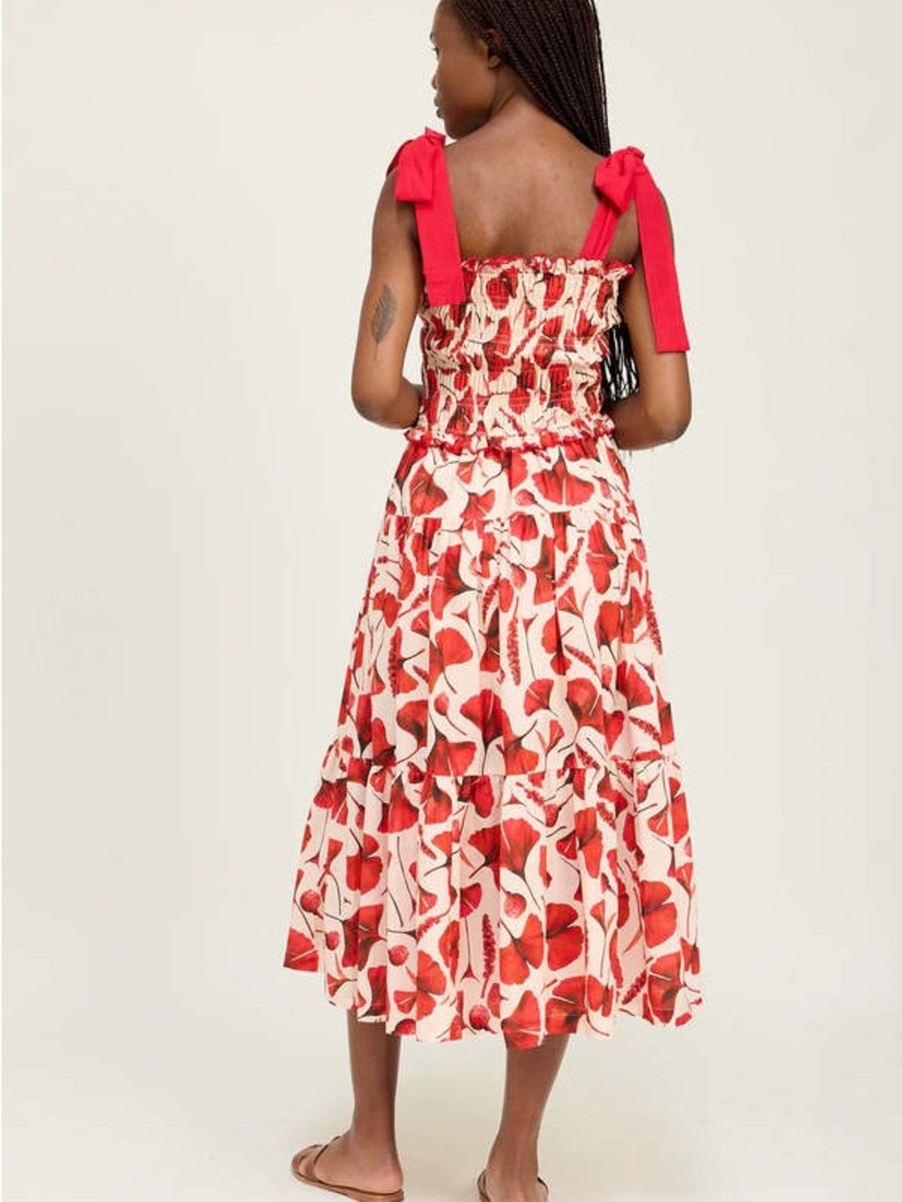 En Saison Josie Gingko Red Cream Floral Tie-Shoulder cotton Dress medium - Picture 3 of 5